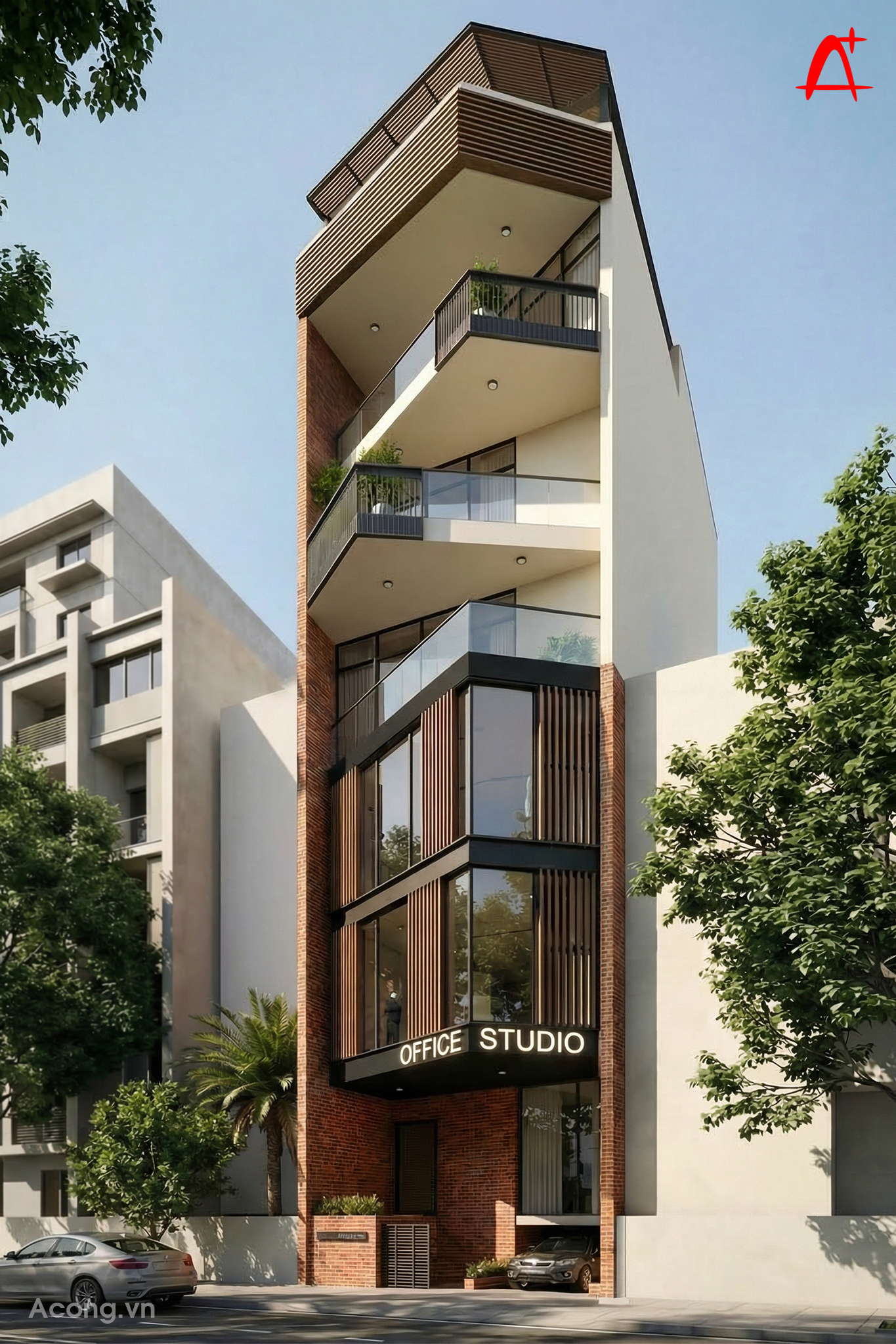 Mặt tiền nh&agrave; phố 6 tầng kết hợp văn ph&ograve;ng với ban c&ocirc;ng ch&eacute;o tạo h&igrave;nh hiện đại